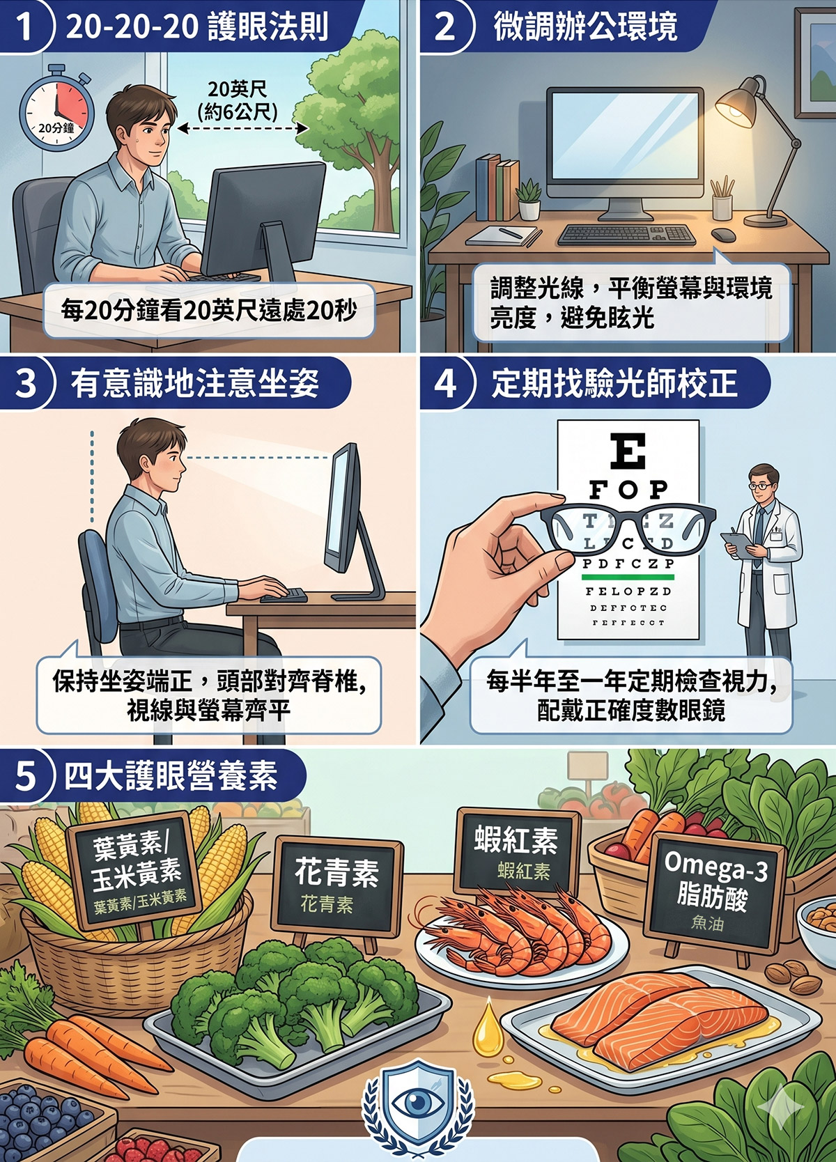 護眼四大營養素與生活習慣示意圖